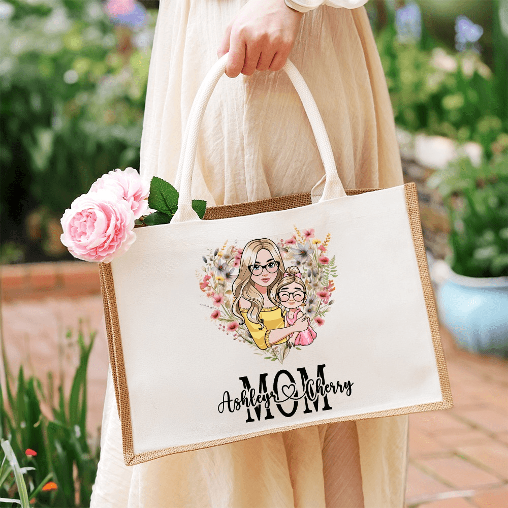 Personalized Mom & Child Cartoon Character Jute Bag with Name, Large Capacity Burlap Tote Bag with Handle, Mother's Day/Birthday Gift for Mom/Kid