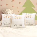 Personlig Woodland Animals mjuk sängdagsberättelse kudde med namn och bokficka barnkammare dekor baby shower födelsedagspresent för flickor pojkar