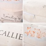 Personlig Woodland Animals mjuk sängdagsberättelse kudde med namn och bokficka barnkammare dekor baby shower födelsedagspresent för flickor pojkar
