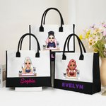 Personlig söt tecknad manikyrist karaktär Canvas Tote väska med namn födelsedag skönhetssalong öppningsgåva för nageltekniker