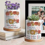 Personalisierte bunte Blumen blühen 1-6 Namen Keramik Pflanzgefäß mit Drainage und Bambus Basis Geburtstag Muttertag Geschenk für Mama Oma