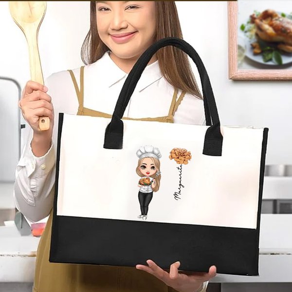 Personalized Cartoon Cooking Mama Birth Flower Grocery Shopping Canvas Tote Bag with Name Mother's Day Birthday Gift for Mom Grandma Cooking Lover