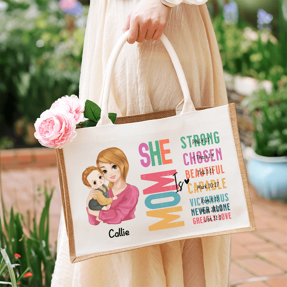 Personalized Cartoon Mom Holding Baby Bible Verse Tote Bag with Name, Reusable Large Capacity Jute Bag, Mother's Day/Birthday Gift for Mom/Women