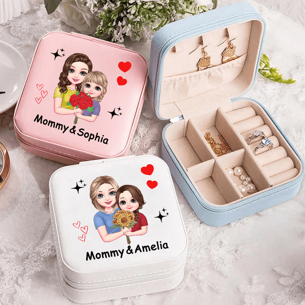 Personalized Mom & Daughter Cartoon Character Jewelry Box, Leather Travel Jewelry Case with Multiple Compartments, Mother's Day Gift for Mom/Grandma