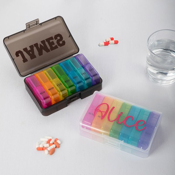 Personalised Portable Rainbow-colored Weekly Pill Organizer Box with Name Travel Accessory Get Well Soon Birthday Gift for Family Friends