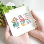 Personalized Cartoon Mom Holding Baby Bible Verse Ceramic Trinket Jewellery Dish with Name Home Decor Birthday Mother's Day Gift for Mom Women