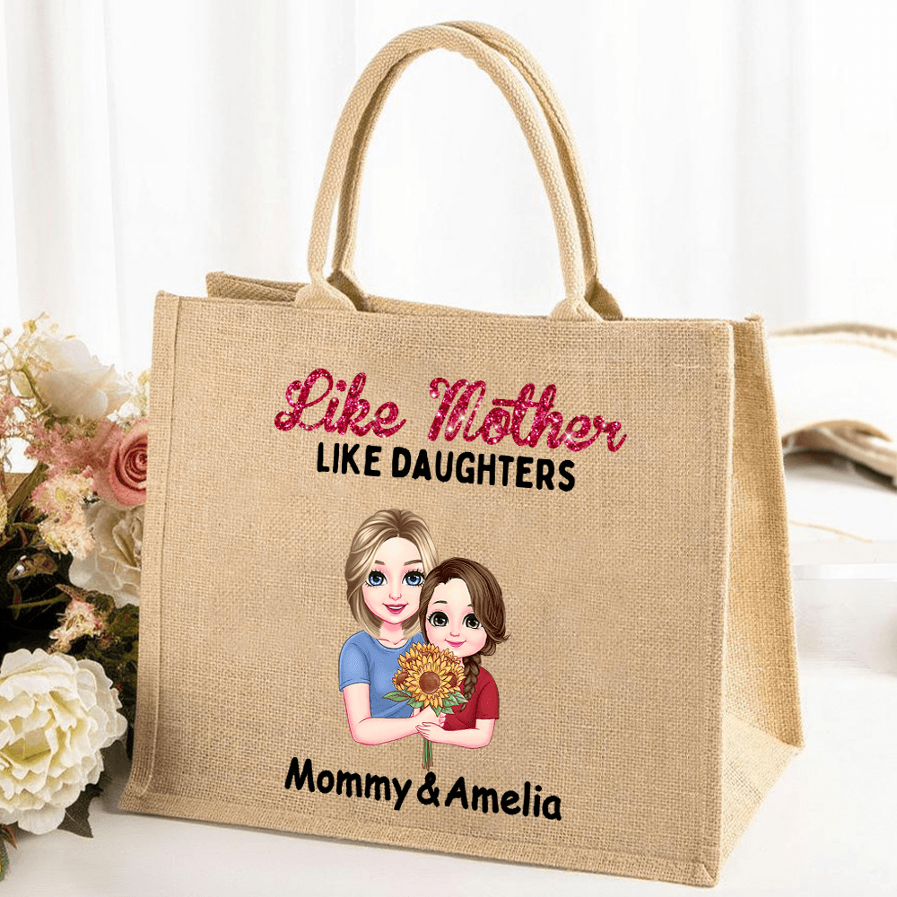 Personalized Mom & Daughter Cartoon Character Jute Bag, Custom Name Large Burlap Tote Bag with Handle, Mother's Day Gift for Mom/Grandma
