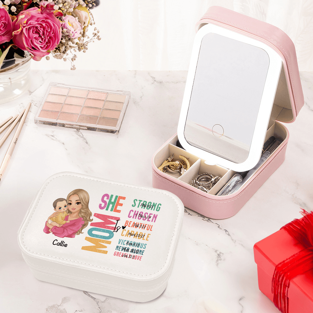 Custom Cartoon Mom Baby Bible Verse Makeup Box with Three-Color Adjustment LED Light Mirror, Travel Makeup Jewelry Box, Mother's Day Gift for Mom