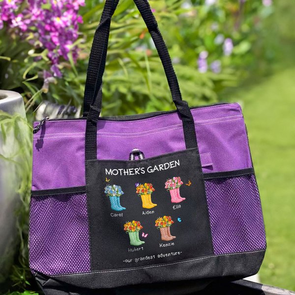 Spersonalizowana torba na ramię Our Grandest Adventure Floral Boots 2-6 Names Oxford Tote Bag z tekstem i siatkowymi kieszeniami Urodziny Dzień Matki Prezent dla Mamy Babci