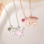 Starry Lucky Birthday Wishes Around Her - Personalized Mixed Pendant Sterling Silver Bead Chain Necklace