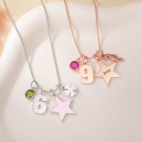 Personalised Star Heart Seahorse Ballerina Pendant Bead Chain Necklace with Birthstone Number and Engraved Name Birthday Gift for Kids Girls