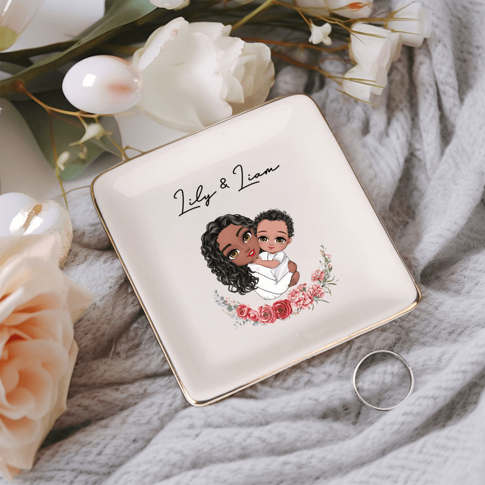 Personalized Mother & Child Cartoon Character Ceramic Jewelry Dish with Birth Flower and Name, Mother's Day/Birthday Gift for Grandma/Mom/Women