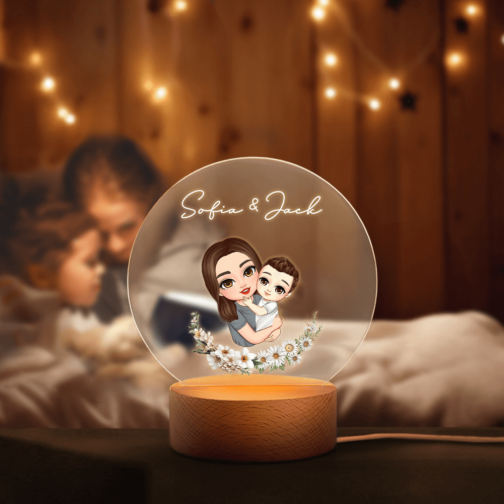 Personalized Mother & Child Cartoon Character Night Light with Name and Birth Flower, Home Decor, Mother's Day Gift for Grandma/Mom/Kids