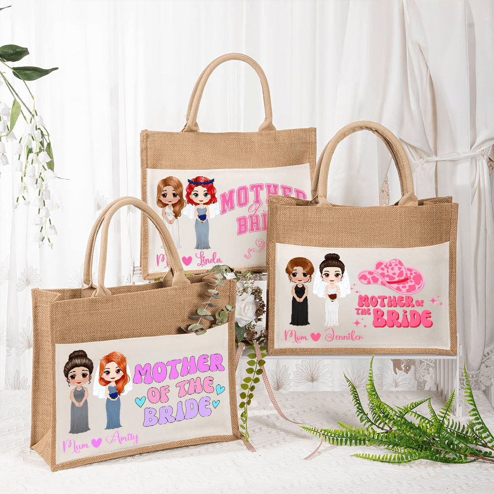 Personalized Name Cartoon Character Tote Bag with Cotton Pocket, Durable Large Capacity Jute Handbag, Wedding Keepsake, Gift for Mother of the Bride