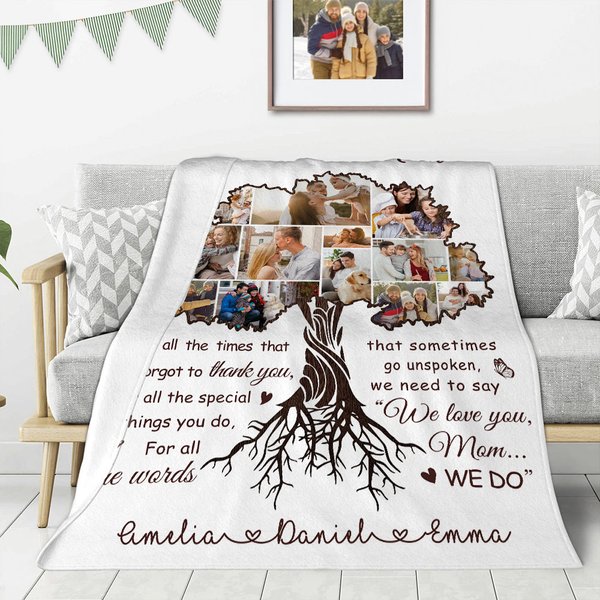 Personlig We Love You Photo Collage Tree Soft Throw Blanket med 1-10 navn Hjemmedekorasjon Bursdag Morsdagsgave til mamma bestemor familie