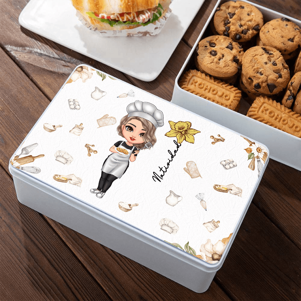 Personalized Cartoon Cooking Mama Biscuit Tin Box with Birth Flower and Name, Mother's Day/Birthday Gift for Mom/Grandma/Baker/Cooking Lovers