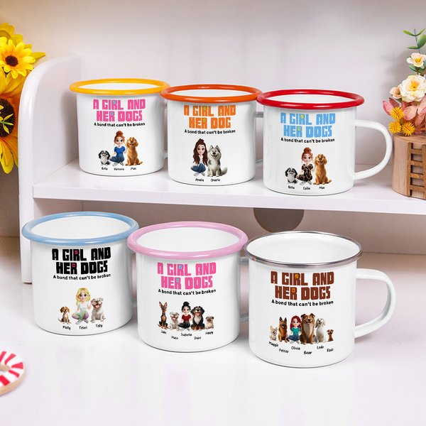 Personalised A Girl and Her Dogs Have Unbreakable Bond Cartoon Design 12 oz Enamel Mug with Name Pet Adoption Anniversary Birthday Gift for Pet Lover
