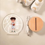 Personalized Cartoon Basketball Character Round LED Night Light with Name Number and Wooden Base Desk Decor Birthday Gift for Him