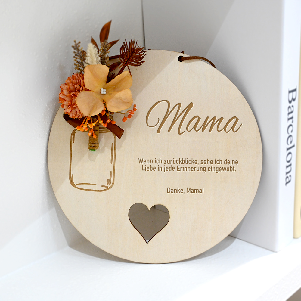 Personalisierter Kunstblumen Holzanhänger mit Herz-Ausschnitt Namen und Text Haus Deko Muttertag Wertschätzung Geburtstag Geschenk für Mama Oma