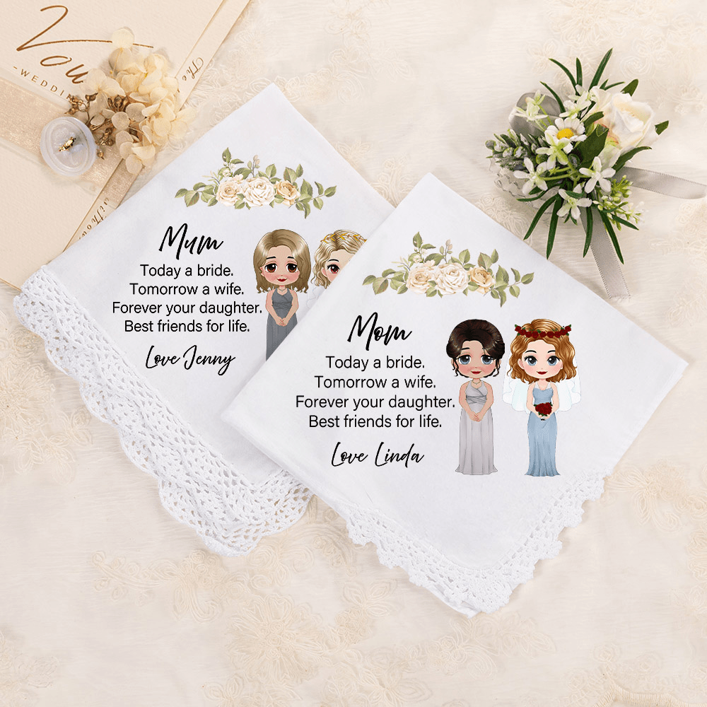 Personalized Name Cartoon Character Handkerchief, 100% Cotton Lace Wedding Handkerchief, Wedding Keepsake, Wedding Gift for Mother of the Bride