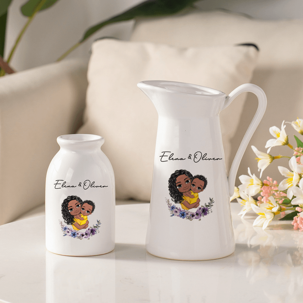 Personalized Mother & Child Cartoon Character Ceramic Vase with Birth Flower and Name, Home Decor, Mother's Day/Birthday Gift for Grandma/Mom/Kids