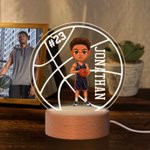 Personalized Cartoon Basketball Character Round LED Night Light with Name Number and Wooden Base Desk Decor Birthday Gift for Him