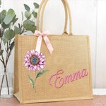 Personalisierte Retro Ölgemälde Geburtsstein Geburtsblume Jute Tragetasche mit Namen Brautjungfer Muttertag Geburtstag Geschenk für Damen