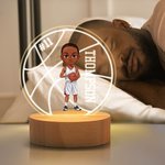 Personalized Cartoon Basketball Character Round LED Night Light with Name Number and Wooden Base Desk Decor Birthday Gift for Him