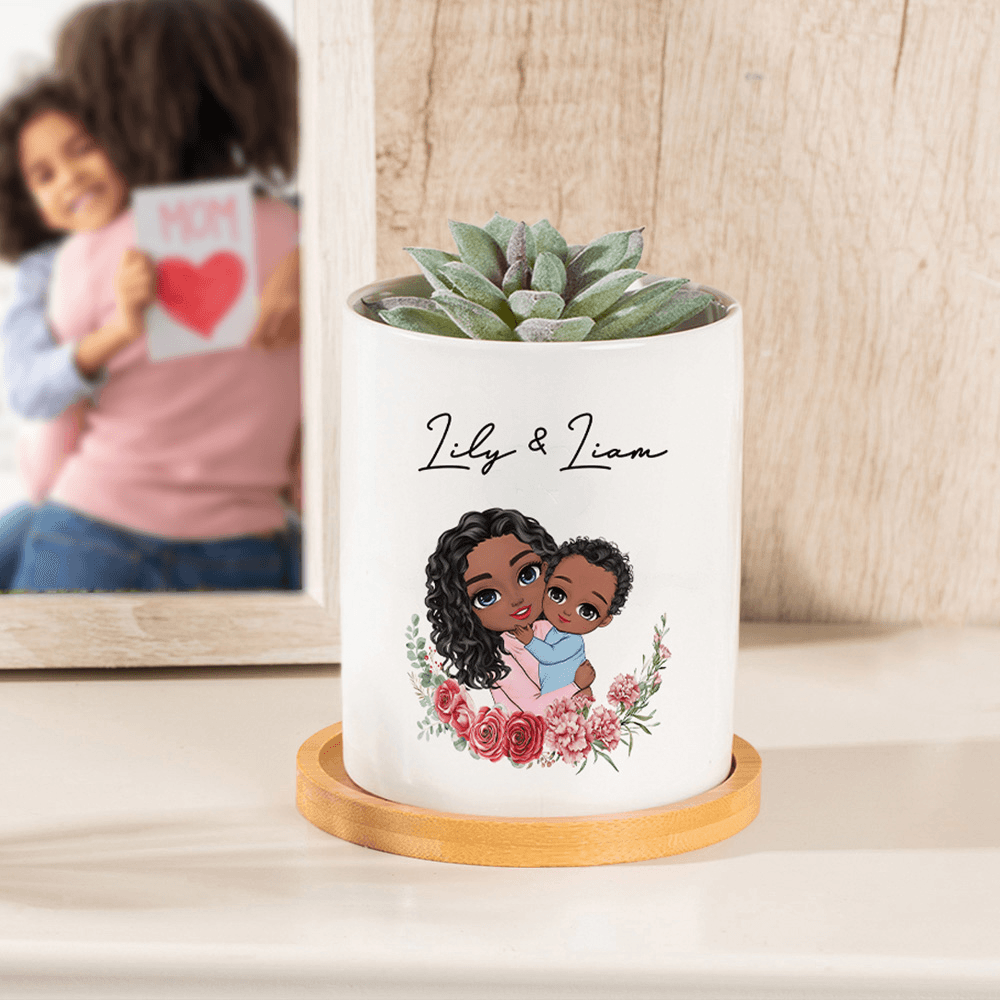 Personalized Mother & Child Cartoon Character Plant Pot with Birth Flower and Name, Home Decor, Mother's Day/Birthday Gift for Grandma/Mom/Kids