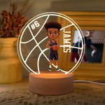 Personalized Cartoon Basketball Character Round LED Night Light with Name Number and Wooden Base Desk Decor Birthday Gift for Him
