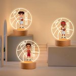 Personalized Cartoon Basketball Character Round LED Night Light with Name Number and Wooden Base Desk Decor Birthday Gift for Him