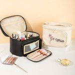 Personalized Retro Birth Flower PU Leather Large Makeup Bag with Name Multi-compartment Mother's Day Birthday Gift for Women