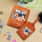 Personalisierte Floral Vintage Kamera Leder Passport Holder Gepäckanhänger Set mit Namen Reisezubehör Geburtstagsgeschenk für Reise-Liebhaber Fotografen