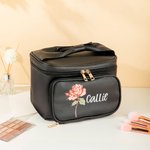 Personalized Retro Birth Flower PU Leather Large Makeup Bag with Name Multi-compartment Mother's Day Birthday Gift for Women