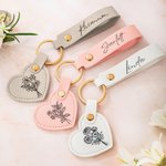 Personalizada Nacimiento Flor Corazón de cuero Nombre Etiqueta Llavero Mochila Accesorios Día de la Madre Cumpleaños Regalo para las mujeres damas de honor