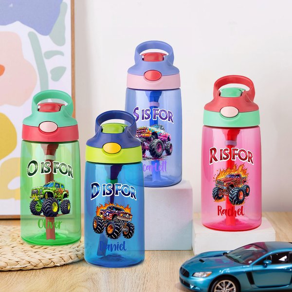 Gepersonaliseerde Extreme Stunt Truck 16 oz Kid Waterfles met Rietje Initiaal en Naam Verjaardag Terug naar School Cadeau voor Jongens Meisjes
