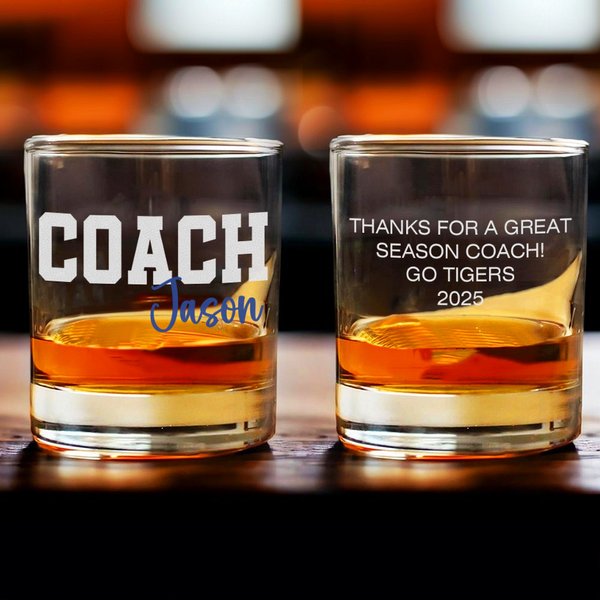Personalised Thanks Coach Old Fashioned Rocks 10 oz Whiskey Glass with Name and Text End of Season Birthday Appreciation Gift for Coach