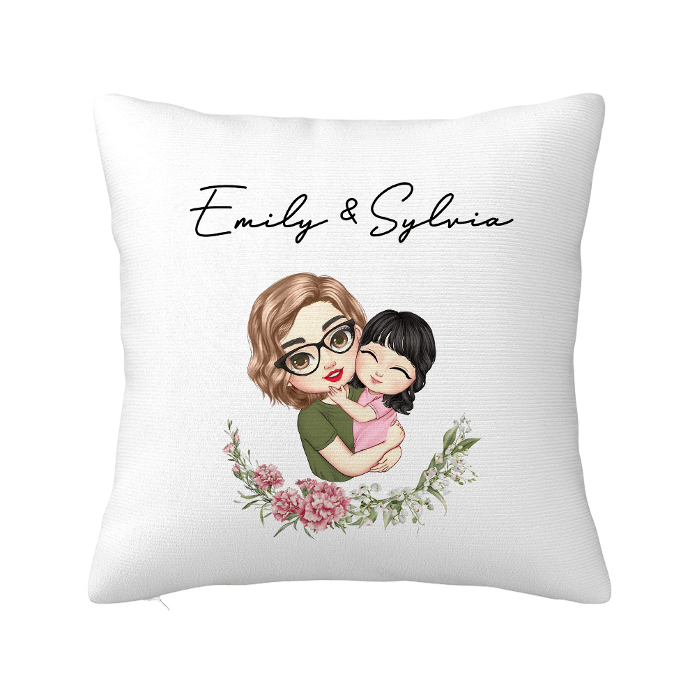 Personalized Mother & Child Cartoon Character Pillowcase with Birth Flower and Name, Home Decor, Mother's Day/Birthday Gift for Grandma/Mom/Kids