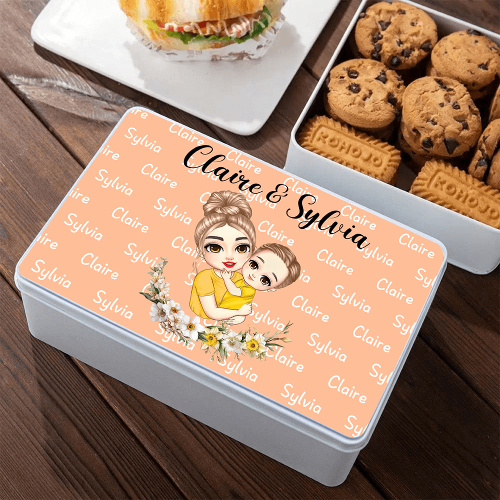 Custom Mother & Child Cartoon Character Biscuit Tin Box with Birth Flower and Name, Party Storage Box, Mother's Day/Birthday Gift for Grandma/Mom/Kids