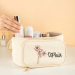 Personalized Retro Birth Flower PU Leather Large Makeup Bag with Name Multi-compartment Mother's Day Birthday Gift for Women