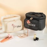 Personalized Retro Birth Flower PU Leather Large Makeup Bag with Name Multi-compartment Mother's Day Birthday Gift for Women