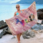 Personalized Dreamy Shine Cartoon Mermaid Quick Dry Oversized Microfiber Beach Towel with Name Summer Beach Party Birthday Gift for Women Girls