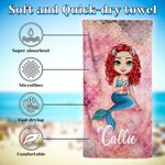 Personalized Dreamy Shine Cartoon Mermaid Quick Dry Oversized Microfiber Beach Towel with Name Summer Beach Party Birthday Gift for Women Girls