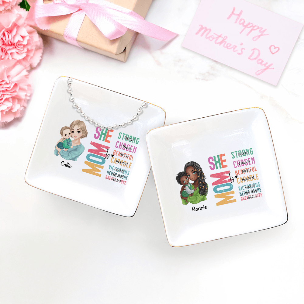 Personalized Mom Holding Baby Cartoon Character Bible Verse Ceramic Jewelry Dish with Name, Home Decor, Mother's Day/Birthday Gift for Mom/Women