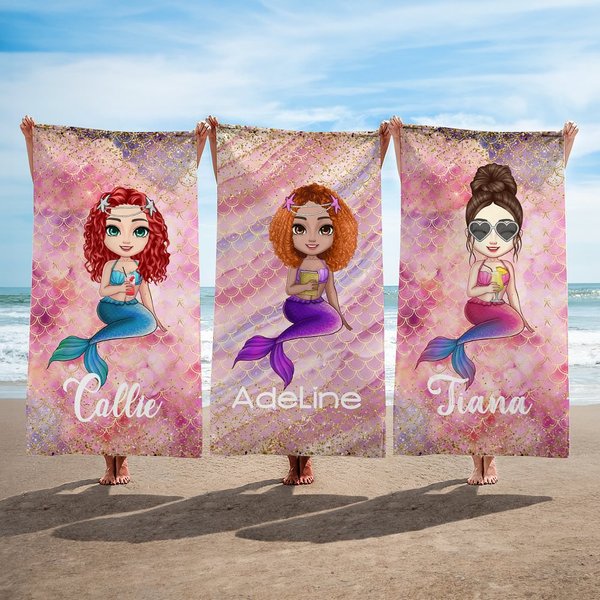 Personalized Dreamy Shine Cartoon Mermaid Quick Dry Oversized Microfiber Beach Towel with Name Summer Beach Party Birthday Gift for Women Girls