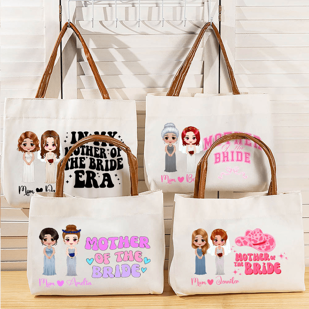 Custom Name Cartoon Character Canvas Tote Bag, Mother of the Bride Large Capacity Bag with Leather Handle, Wedding Keepsake, Wedding Gift for Women