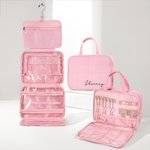 Henkilökohtainen Puffy tikattu kaksinkertainen vetoketju sulkeminen Multi-lokero Makeup Travel Bag nimi ja sisäänrakennettu koukku Business Trip syntymäpäivälahja naisille