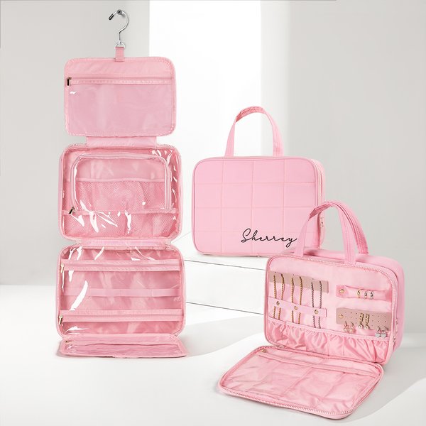 Henkilökohtainen Puffy tikattu kaksinkertainen vetoketju sulkeminen Multi-lokero Makeup Travel Bag nimi ja sisäänrakennettu koukku Business Trip syntymäpäivälahja naisille