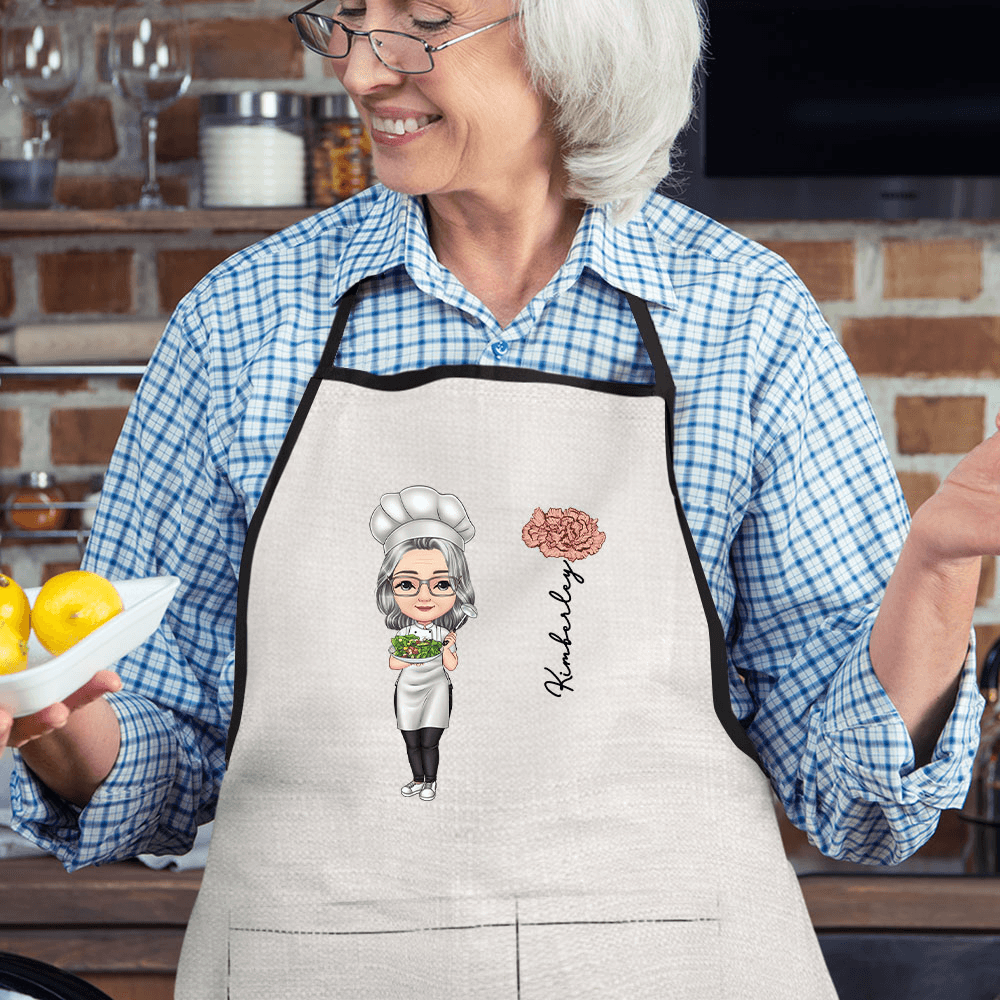 Personalized Birth Flower and Name Cooking Mama Baking Apron with Pocket, Mother’s Day Gift for Grandma/Mom/Chef/Cooking Enthusiast