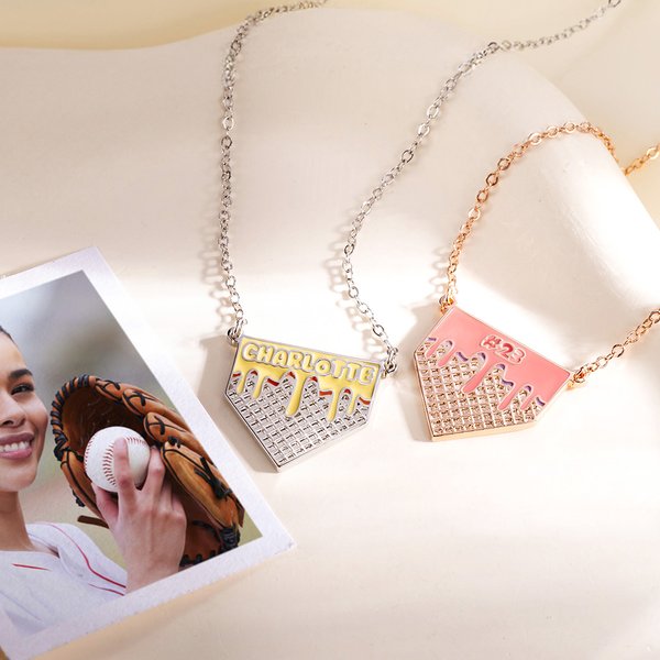 Personalised Melted Ice Cream Waffle Pendant Necklace with Name and Number Sports Jewellery Game Birthday Gift for Baseball Softball Lovers Athletes